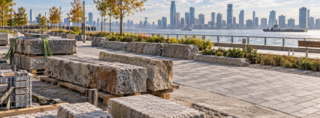 Conceptual reclaimed granite block returning to service in a resilient waterfront hardscape project.