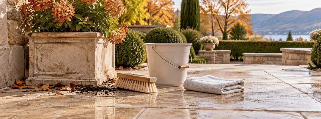 Outdoor limestone terrace with a soft brush, plain bucket and cloth beside a planter